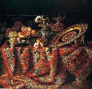 A still life of peaches, grapes and pomegranates in a pewter bowl, an ornate ormolu plate and ewers, all resting on a table draped with a carpet, Jacques Hupin